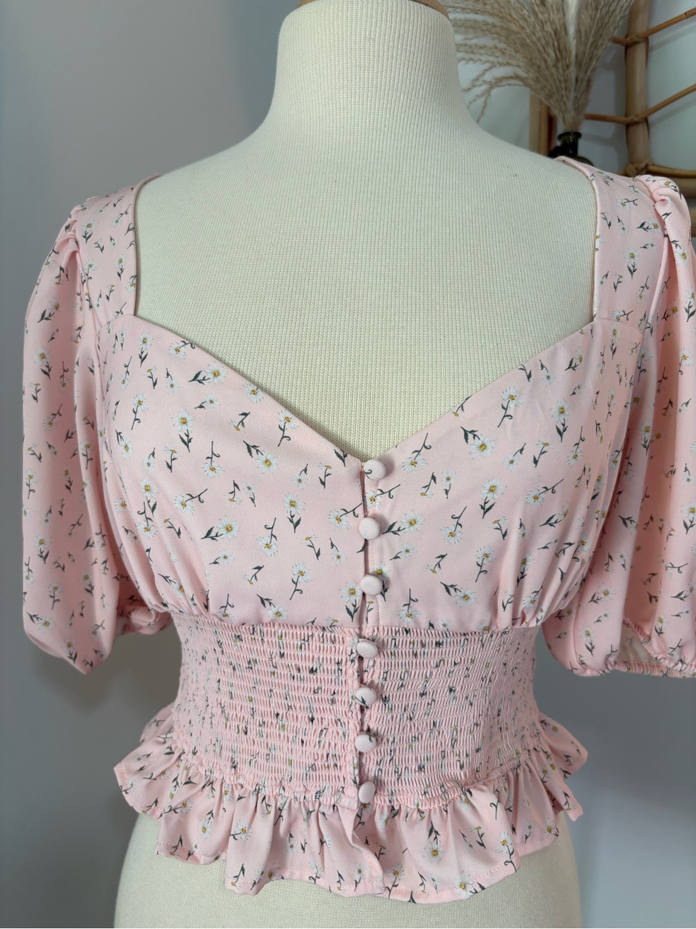 Floral Puff-Sleeve Smocked Waist Top